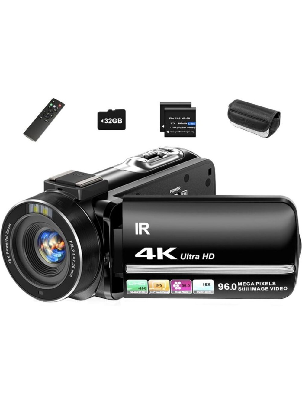 4K UHD Vlogging Camera with 18X Zoom, Touch Screen, Night Vision & 32GB Card